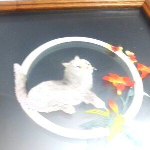 Flower OAK Frame Mirrored Glass CAT Art Reverse Oil On Glass Painting Kitten